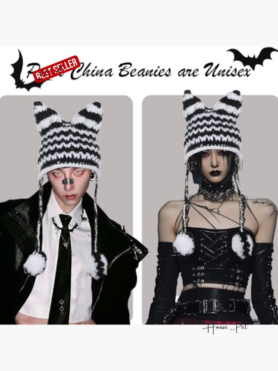 Cat Ear Beanie with Ear Flap Pompom Y2K Gothic Handmade Crochet Beanie for Women